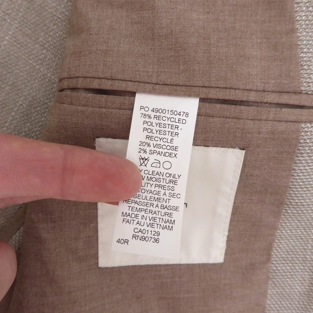 Calvin Klein Mens Blazer Beige Recycled Polyester Viscose Blend 40R Slim Fit